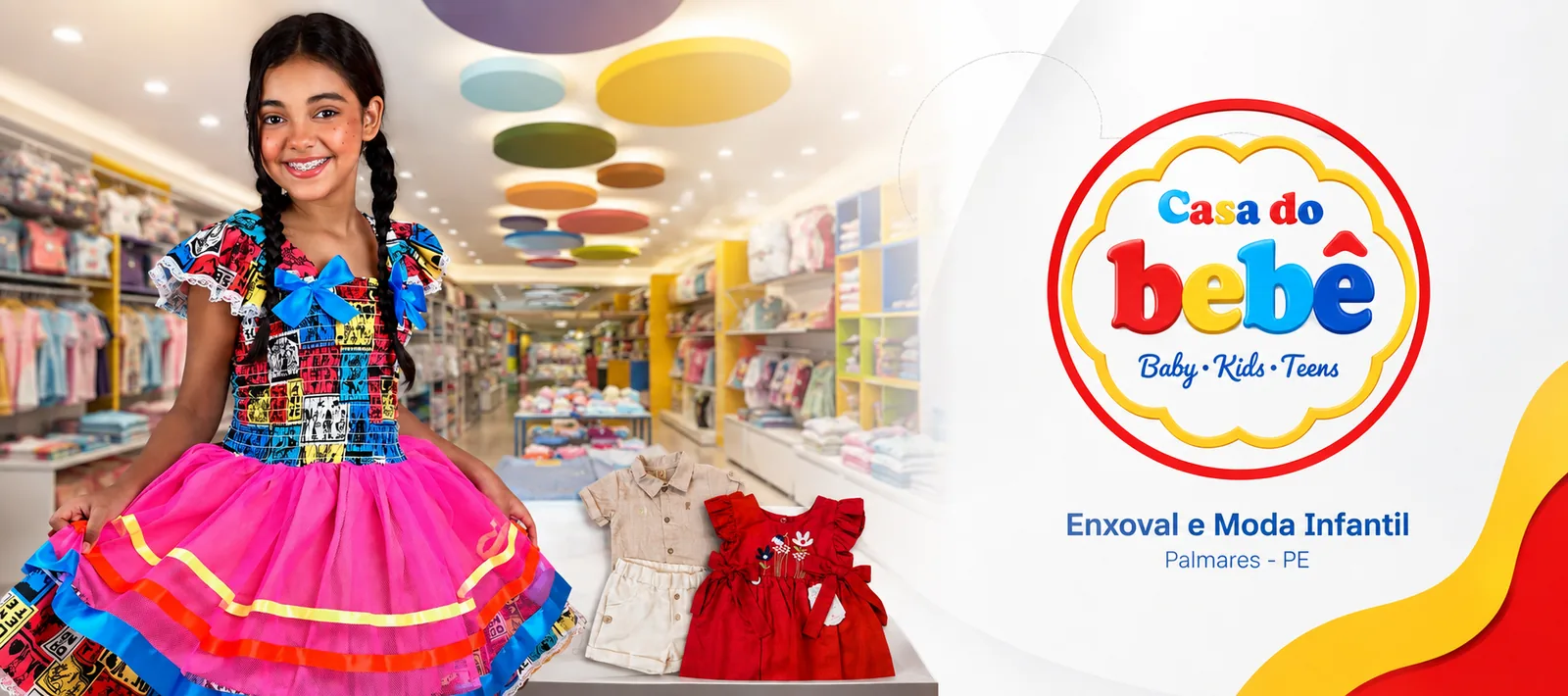 Casa do Bebê, enxoval e moda infantil em Palmares - PE, com menina de vestido junino dentro da loja