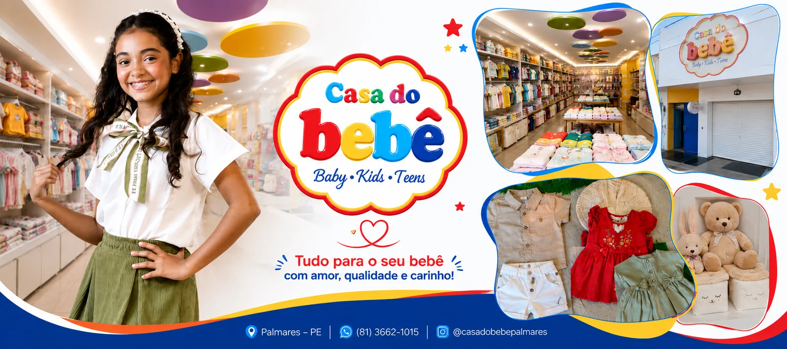 Tudo para o seu bebê com amor, qualidade e carinho, com fotos do interior e da fachada da Casa do Bebê em Palmares