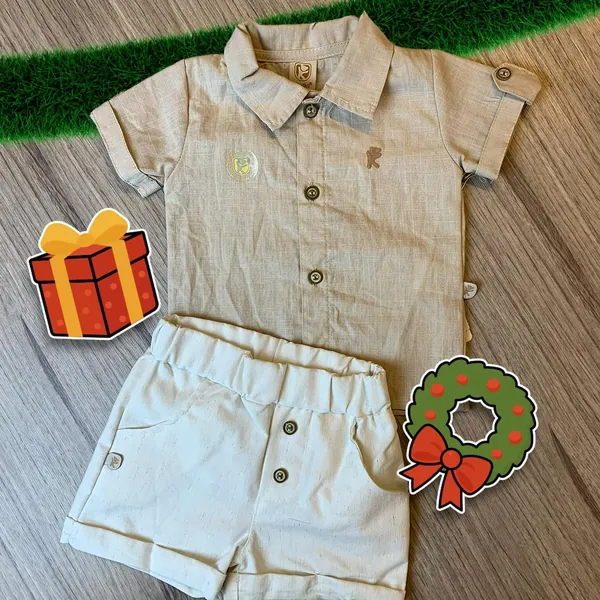 Conjunto infantil de camisa e bermuda em linho bege