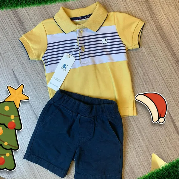 Conjunto infantil de camisa polo amarela e bermuda azul-marinho