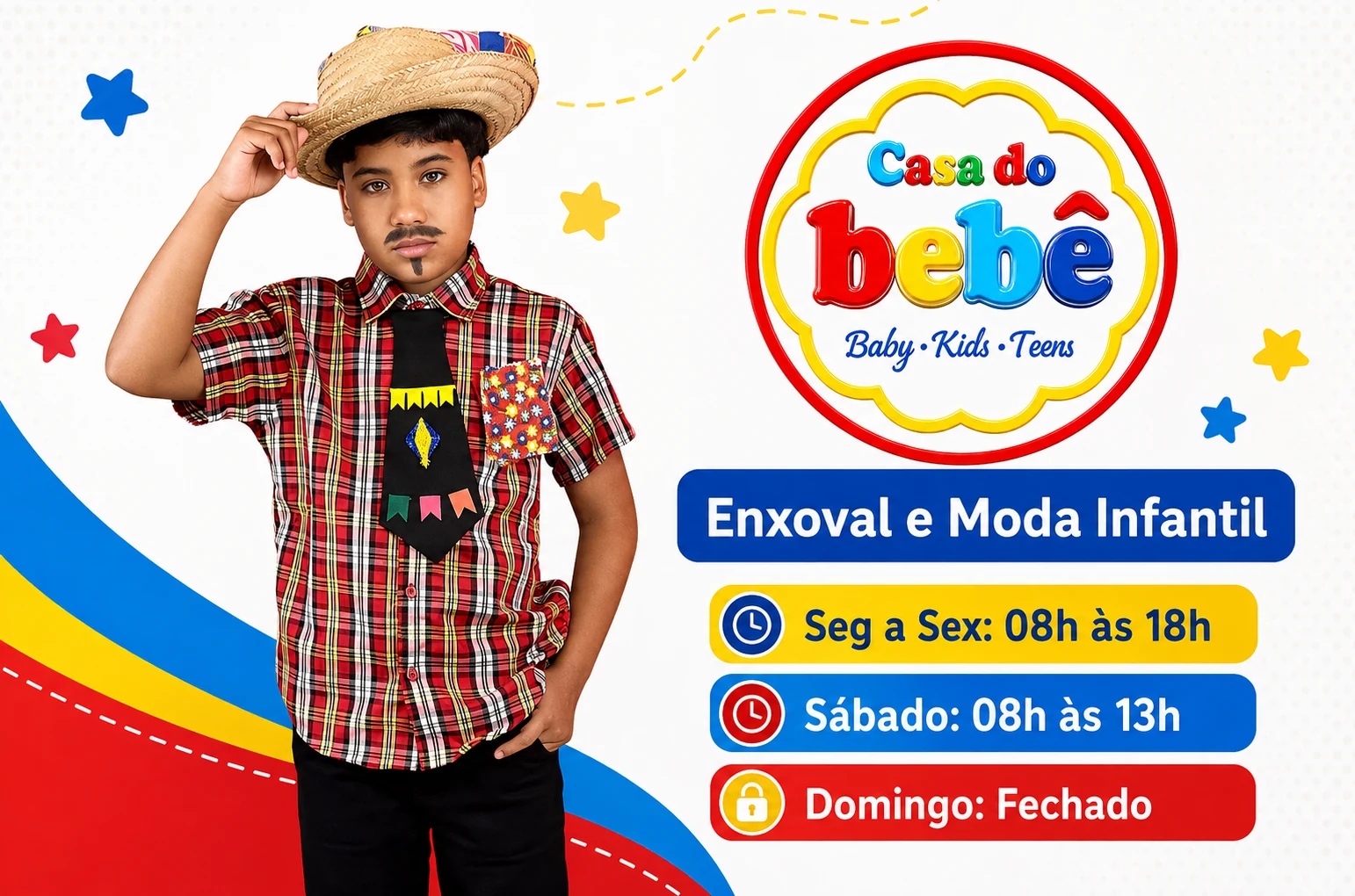 Casa do Bebê, enxoval e moda infantil em Palmares, com horário de segunda a sexta das 08h às 18h, sábado das 08h às 13h e domingo fechado